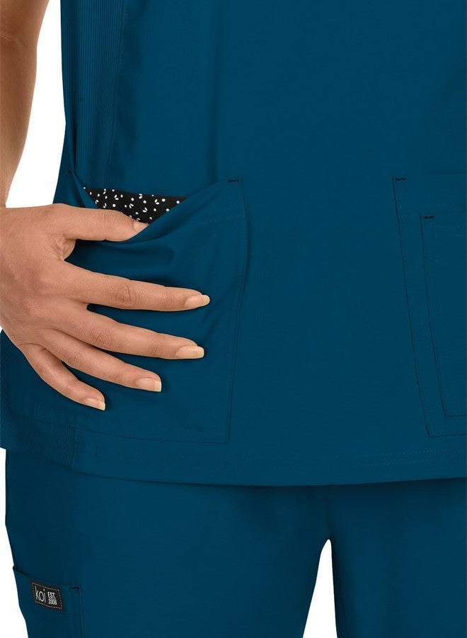 KOI Basics Katie Women's 4-Pocket Mock-Wrap Scrub Top Navy Large - Image 3